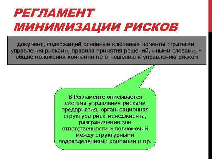 РЕГЛАМЕНТ МИНИМИЗАЦИИ РИСКОВ документ, содержащий основные ключевые моменты стратегии управления рисками, правила принятия решений,