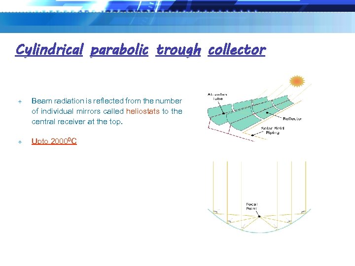 Cylindrical parabolic trough collector Beam radiation is reflected from the number of individual mirrors