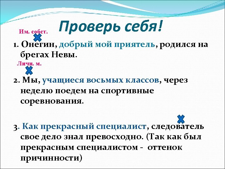 Им. собст. Проверь себя! 1. Онегин, добрый мой приятель, родился на брегах Невы. Личн.