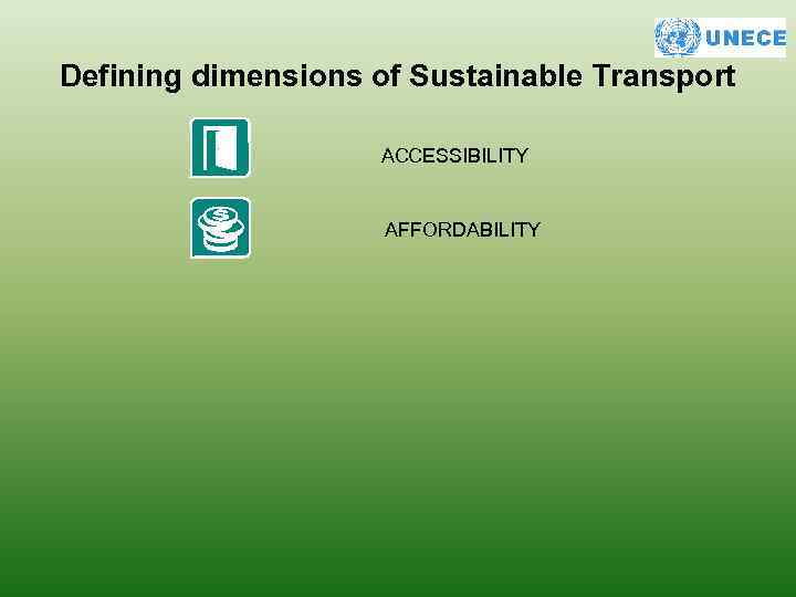 Defining dimensions of Sustainable Transport ACCESSIBILITY AFFORDABILITY 