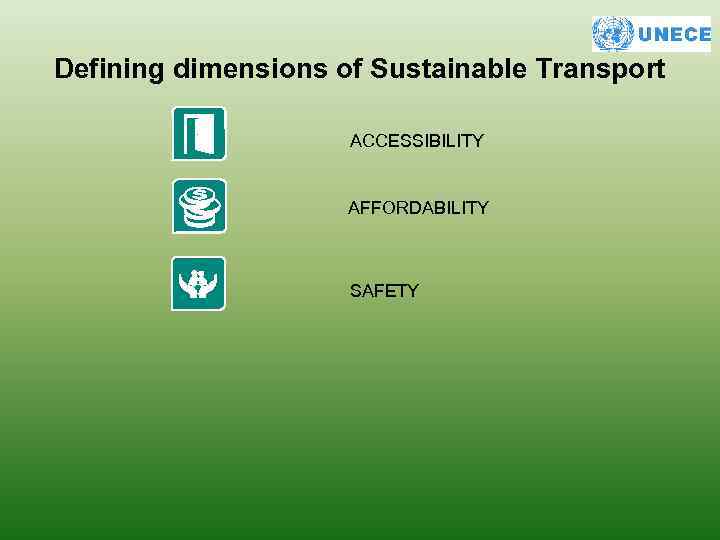 Defining dimensions of Sustainable Transport ACCESSIBILITY AFFORDABILITY SAFETY 