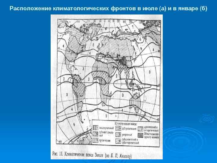 Расположение климатологических фронтов в июле (а) и в январе (б) 