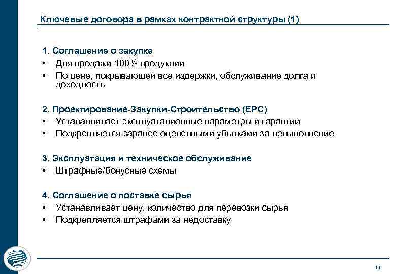 Ключевые договора в рамках контрактной структуры (1) 1. Соглашение о закупке • Для продажи