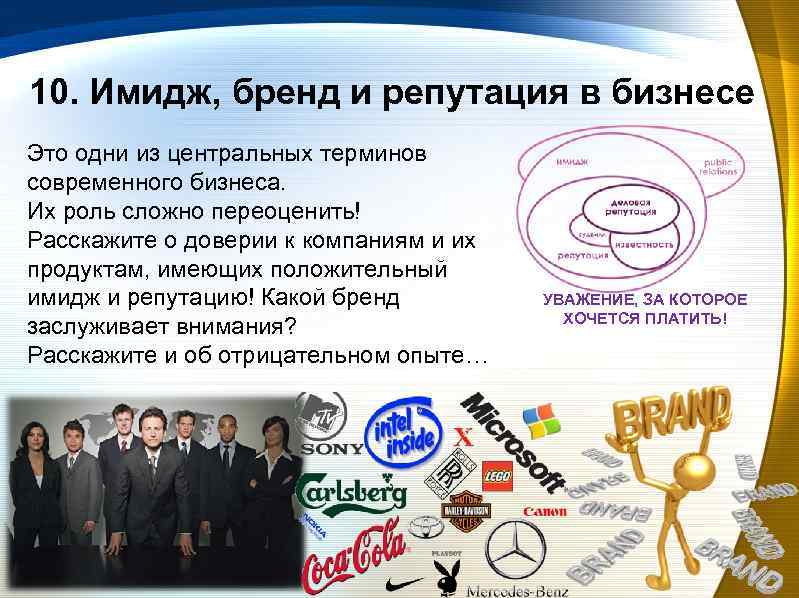 10. Имидж, бренд и репутация в бизнесе Это одни из центральных терминов современного бизнеса.