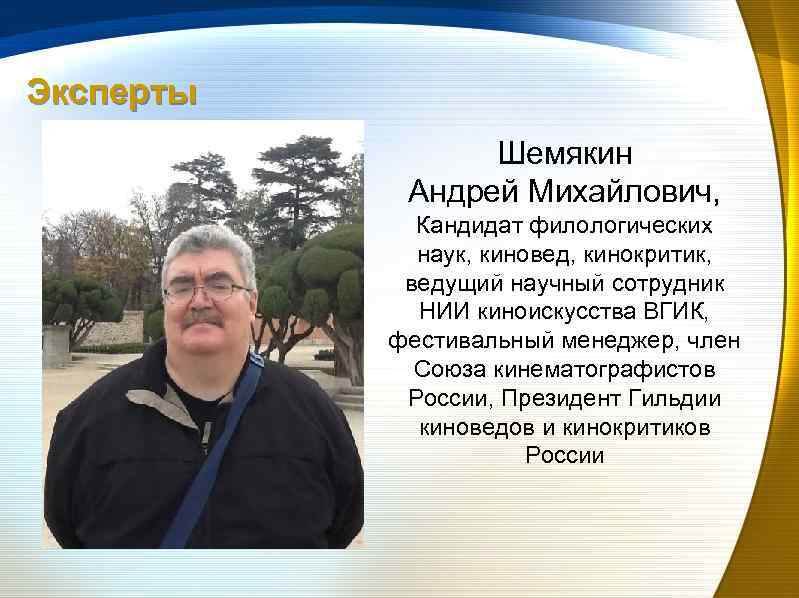 Эксперты Шемякин Андрей Михайлович, Кандидат филологических наук, киновед, кинокритик, ведущий научный сотрудник НИИ киноискусства
