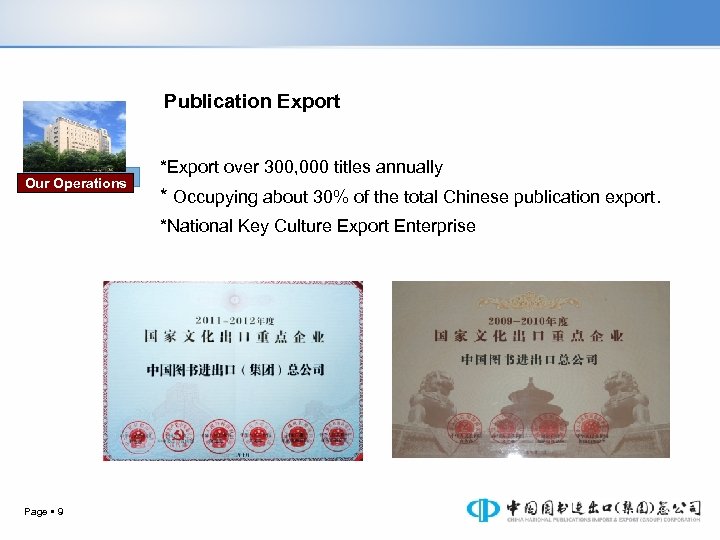 Publication Export Our Operations *Export over 300, 000 titles annually * Occupying about 30%