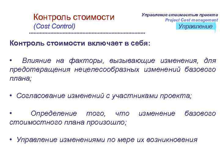 Управление стоимостью проекта Контроль стоимости Project Cost management (Cost Control) Управление Контроль стоимости включает