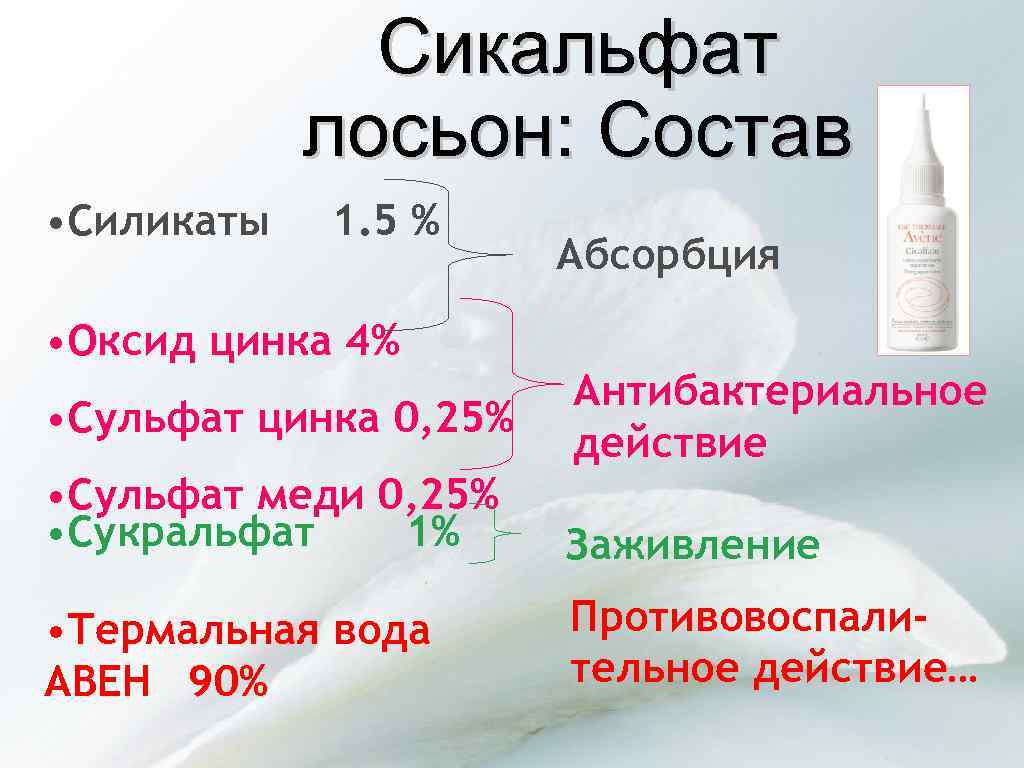 Сикальфат лосьон: Состав • Силикаты 1. 5 % Абсорбция • Оксид цинка 4% •