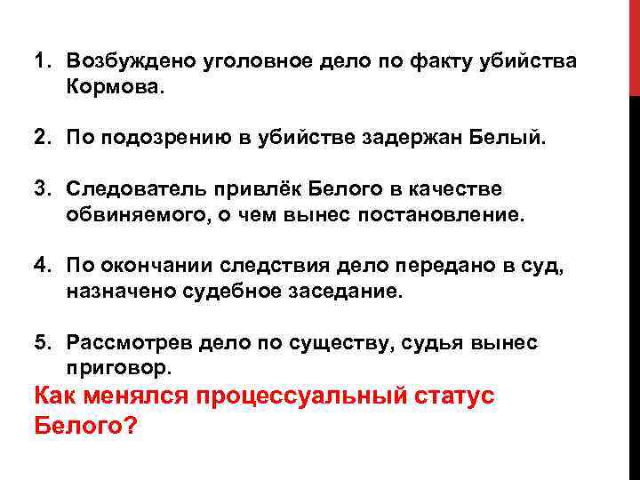 1. Возбуждено уголовное дело по факту убийства Кормова. 2. По подозрению в убийстве задержан