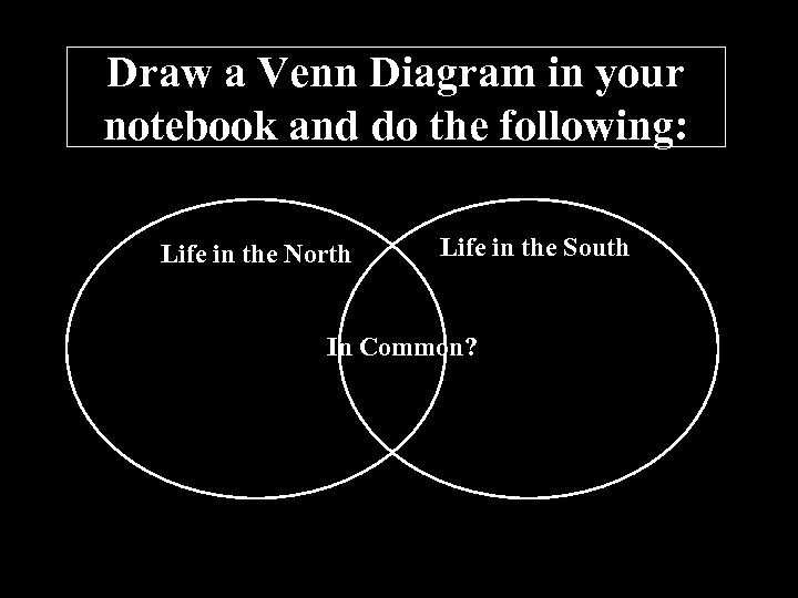 Draw a Venn Diagram in your notebook and do the following: Life in the