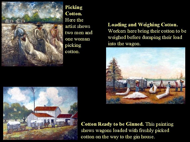 Picking Cotton. Here the artist shows two men and one woman picking cotton. Loading