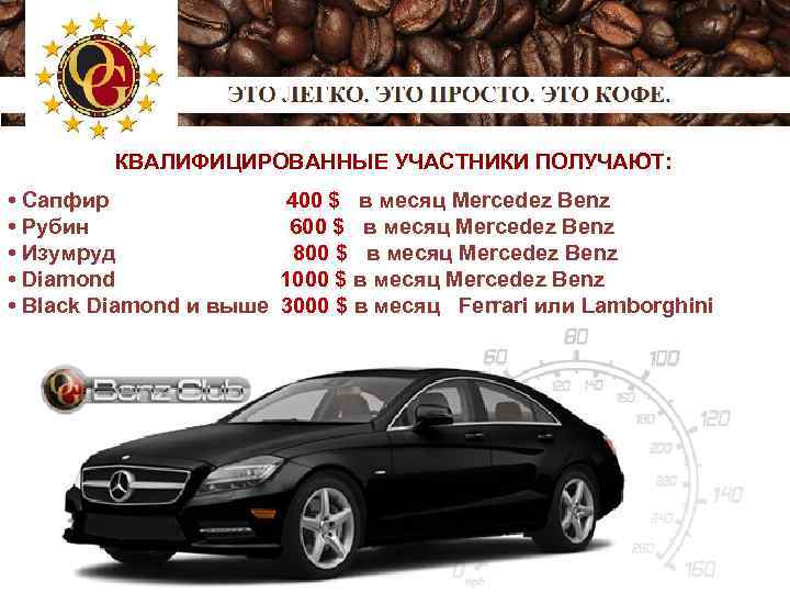  КВАЛИФИЦИРОВАННЫЕ УЧАСТНИКИ ПОЛУЧАЮТ: • Сапфир 400 $ в месяц Mercedez Benz • Рубин