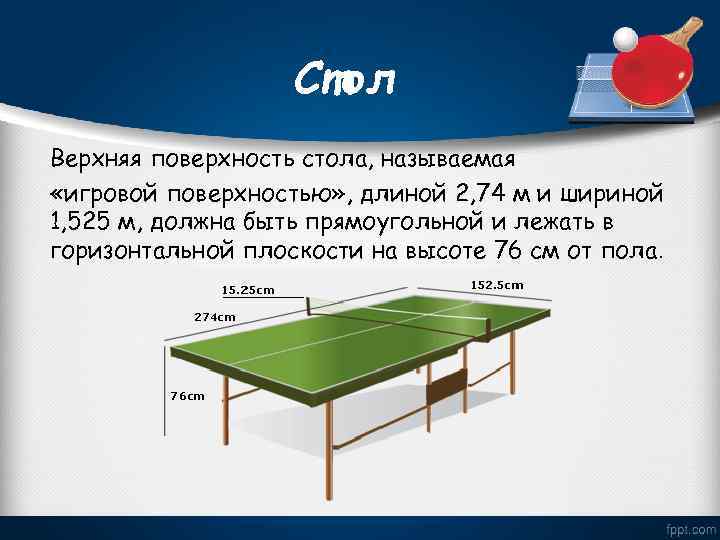 Стол Верхняя поверхность стола, называемая «игровой поверхностью» , длиной 2, 74 м и шириной