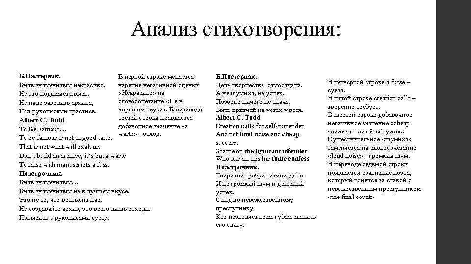 Анализ стихотворения: Б. Пастернак. В первой строке меняется Быть знаменитым некрасиво. наречие негативной оценки