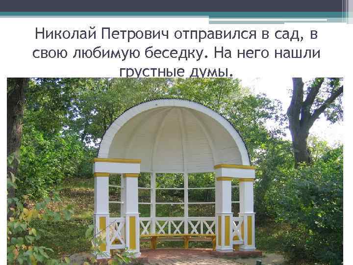 Николай Петрович отправился в сад, в свою любимую беседку. На него нашли грустные думы.