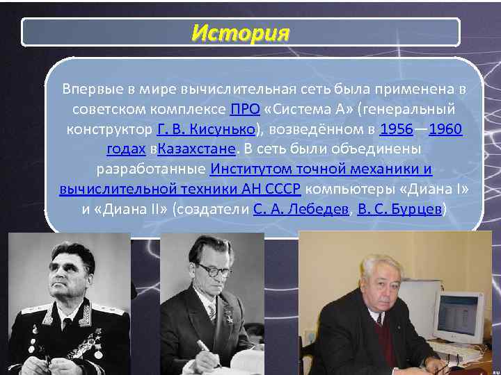 История Впервые в мире вычислительная сеть была применена в советском комплексе ПРО «Система А»