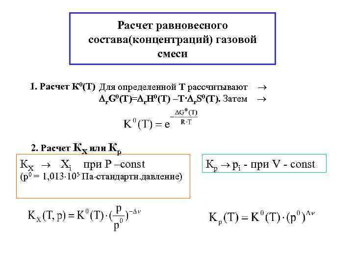 Расчет равновесного состава(концентраций) газовой смеси 1. Расчет К 0(Т) Для определенной Т рассчитывают r.