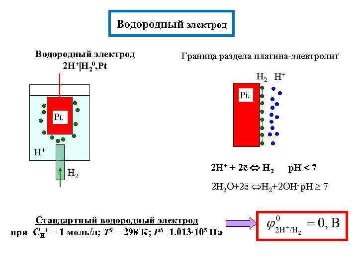 Водородный электрод 2 H+ H 20, Pt Граница раздела платина-электролит H 2 H+ Pt