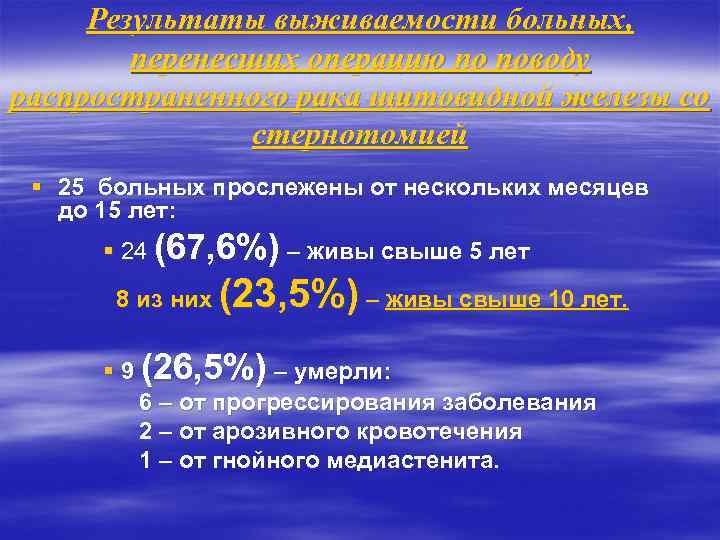 Результаты выживаемости больных, перенесших операцию по поводу распространенного рака щитовидной железы со стернотомией §