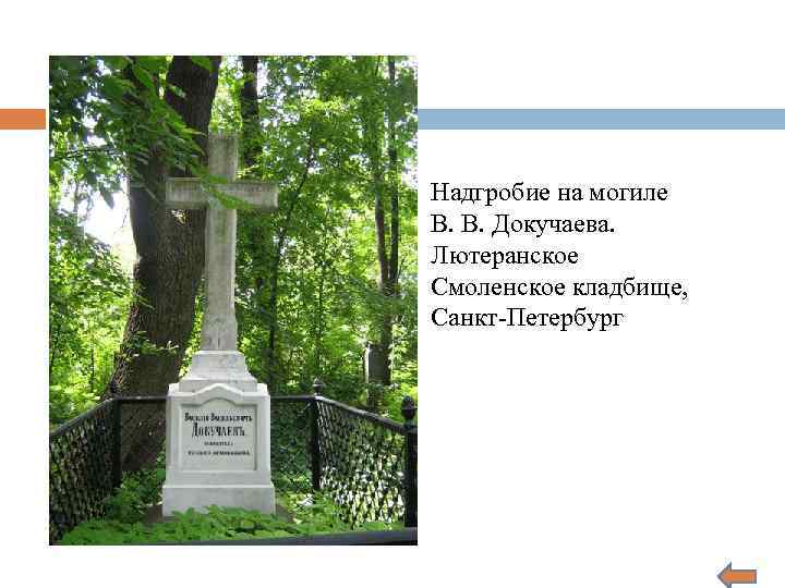 Надгробие на могиле В. В. Докучаева. Лютеранское Смоленское кладбище, Санкт-Петербург 
