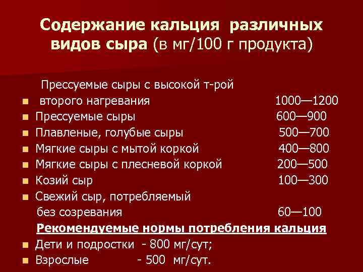 Содержание кальция различных видов сыра (в мг/100 г продукта) n n n n n