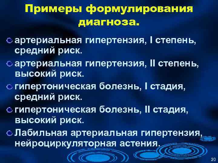 Примеры формулирования диагноза. артериальная гипертензия, I степень, средний риск. артериальная гипертензия, II степень, высокий