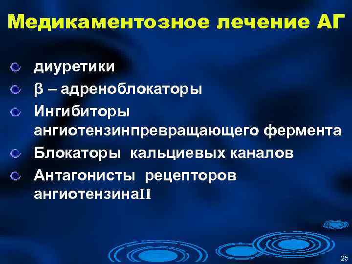 Медикаментозное лечение АГ диуретики β – адреноблокаторы Ингибиторы ангиотензинпревращающего фермента Блокаторы кальциевых каналов Антагонисты