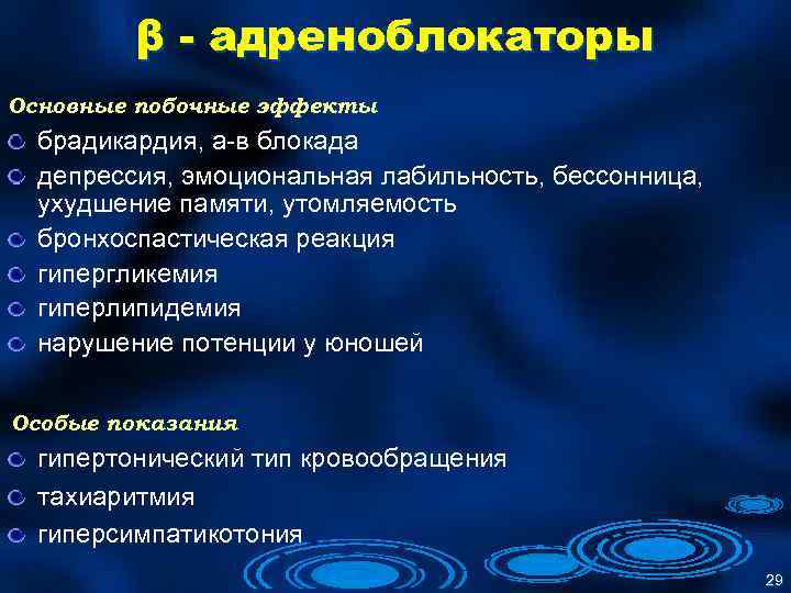 β - адреноблокаторы Основные побочные эффекты брадикардия, a-в блокада депрессия, эмоциональная лабильность, бессонница, ухудшение