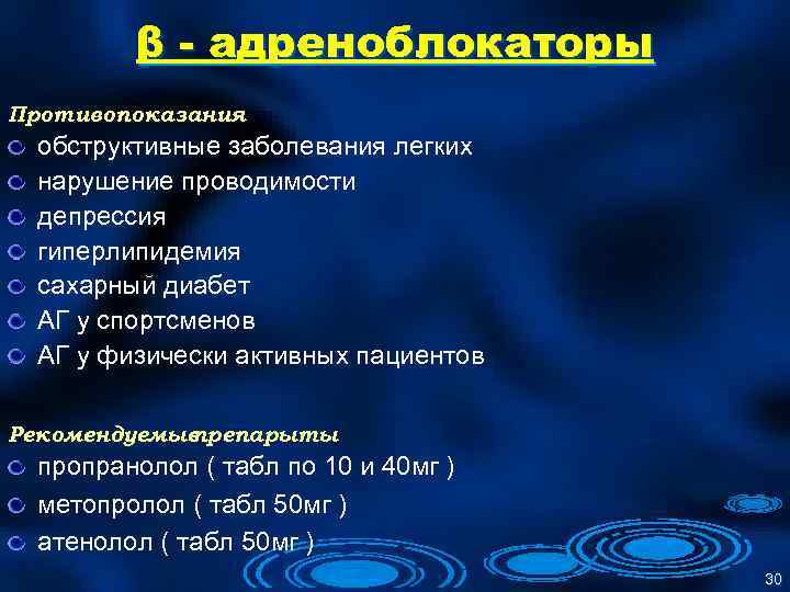 β - адреноблокаторы Противопоказания обструктивные заболевания легких нарушение проводимости депрессия гиперлипидемия сахарный диабет АГ