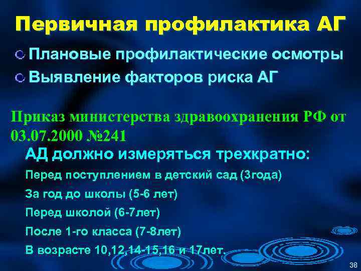 Первичная профилактика АГ Плановые профилактические осмотры Выявление факторов риска АГ Приказ министерства здравоохранения РФ