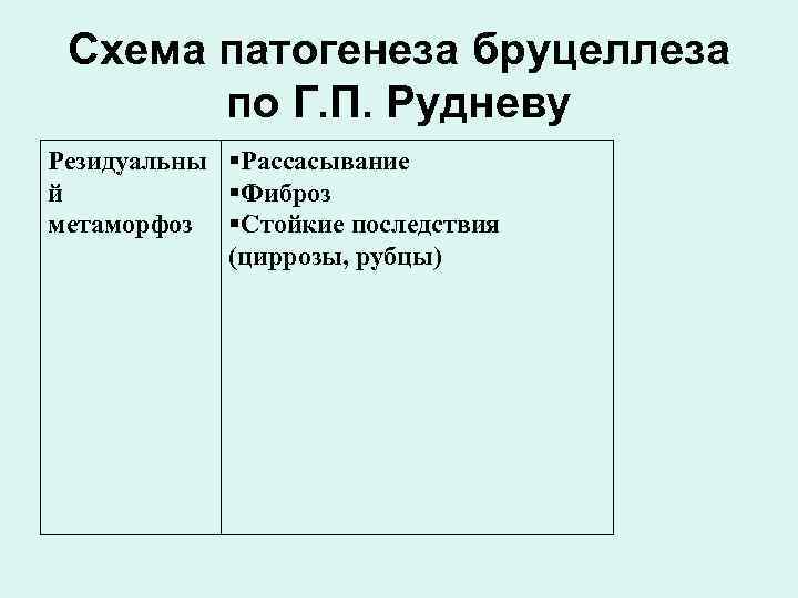 Схема патогенеза бруцеллеза по Г. П. Рудневу Резидуальны Рассасывание й Фиброз метаморфоз Стойкие последствия