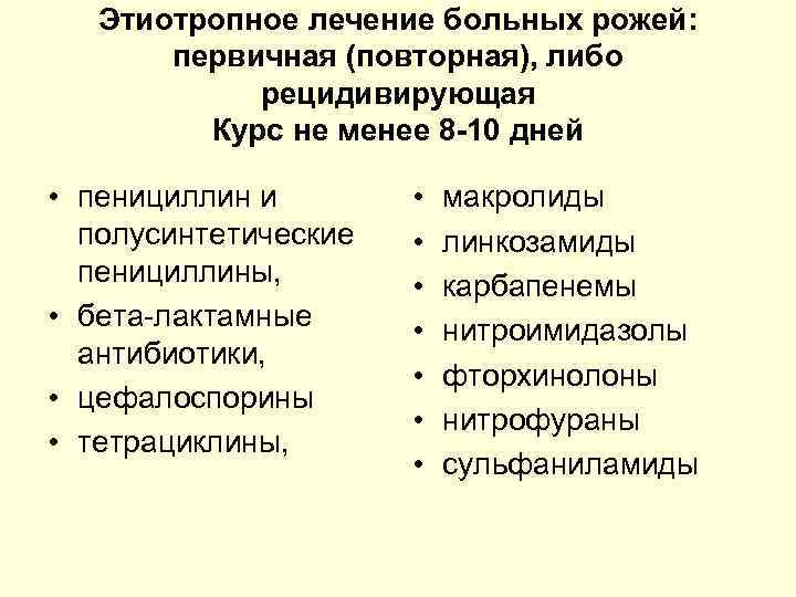 Этиотропное лечение больных рожей: первичная (повторная), либо рецидивирующая Курс не менее 8 -10 дней