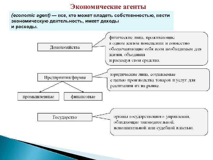 Экономические агенты (economic agent) — все, кто может владеть собственностью, вести экономическую деятельность, имеет