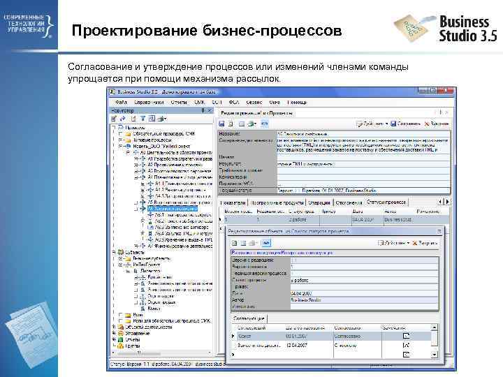 Проектирование бизнес-процессов Согласование и утверждение процессов или изменений членами команды упрощается при помощи механизма