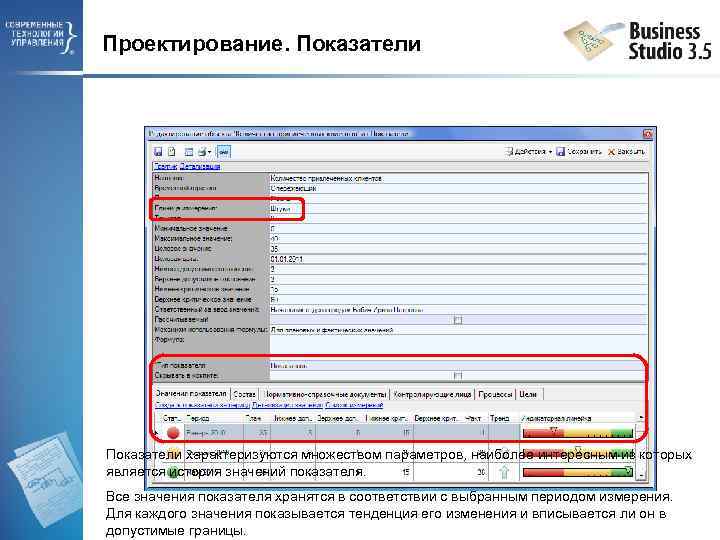 Проектирование. Показатели характеризуются множеством параметров, наиболее интересным из которых является история значений показателя. Все