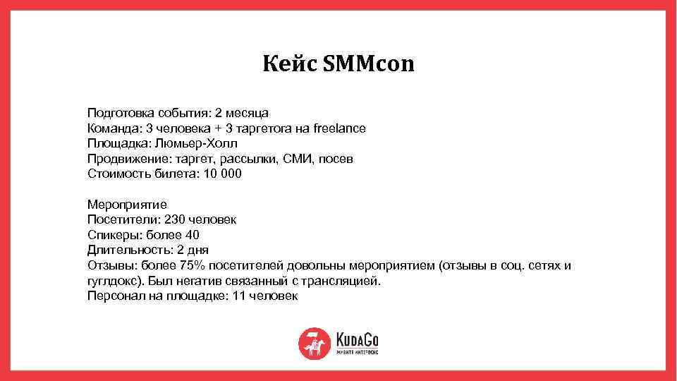 Кейс SMMcon Подготовка события: 2 месяца Команда: 3 человека + 3 таргетога на freelance