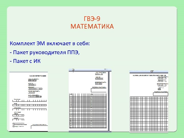 ГВЭ-9 МАТЕМАТИКА Комплект ЭМ включает в себя: - Пакет руководителя ППЭ, - Пакет с