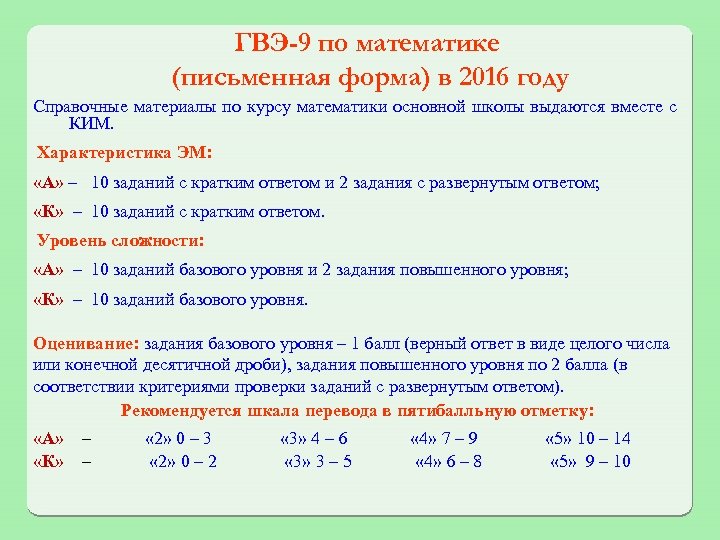 ГВЭ-9 по математике (письменная форма) в 2016 году Справочные материалы по курсу математики основной