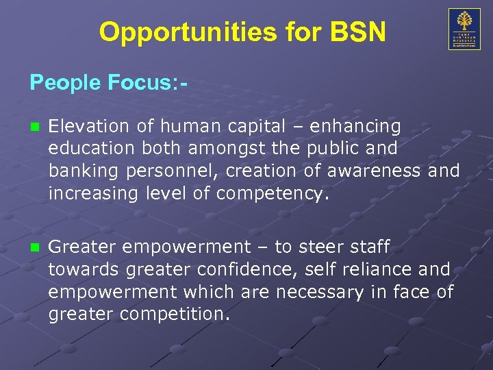 Opportunities for BSN People Focus: n Elevation of human capital – enhancing education both