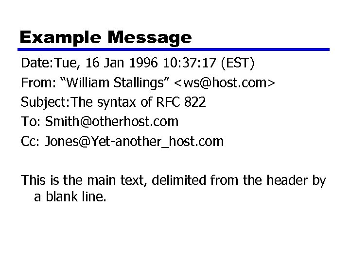 Example Message Date: Tue, 16 Jan 1996 10: 37: 17 (EST) From: “William Stallings”