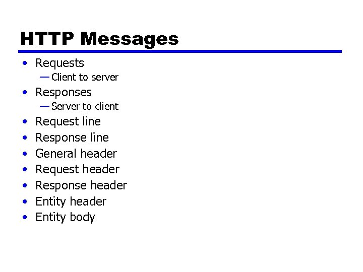 HTTP Messages • Requests — Client to server • Responses — Server to client