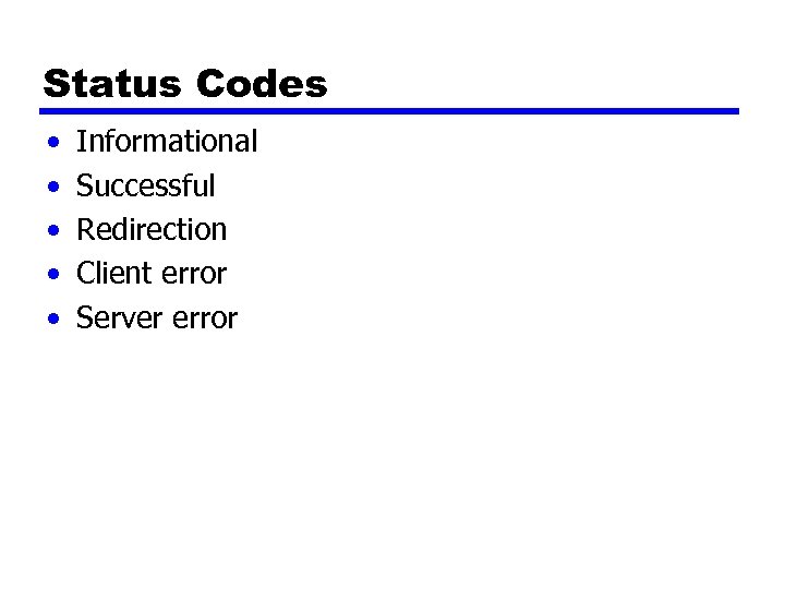 Status Codes • • • Informational Successful Redirection Client error Server error 