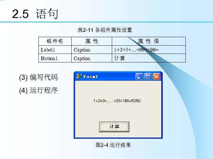 2. 5 语句 表 2 -11 各组件属性设置 组 件名 属 性 值 属 性