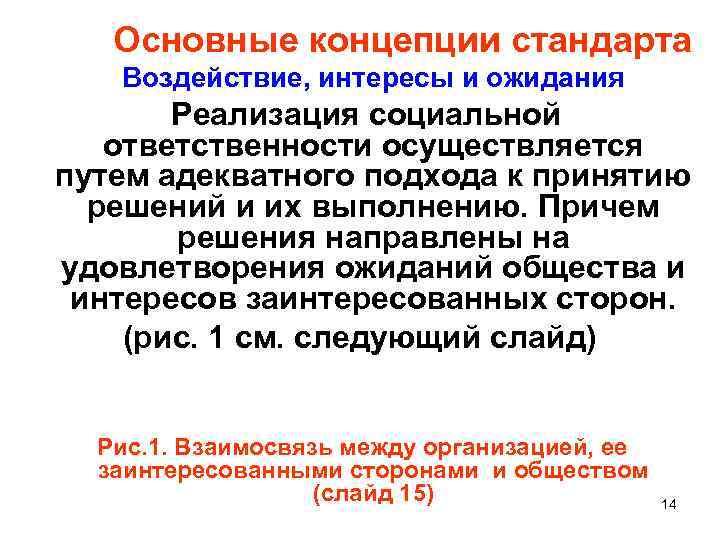  Основные концепции стандарта Воздействие, интересы и ожидания Реализация социальной ответственности осуществляется путем адекватного