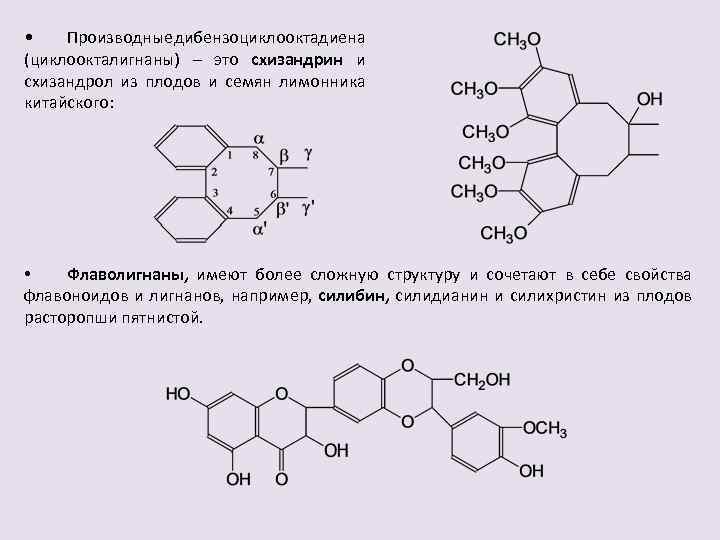  • Производные дибензоциклооктадиена (циклоокталигнаны) – это схизандрин и схизандрол из плодов и семян