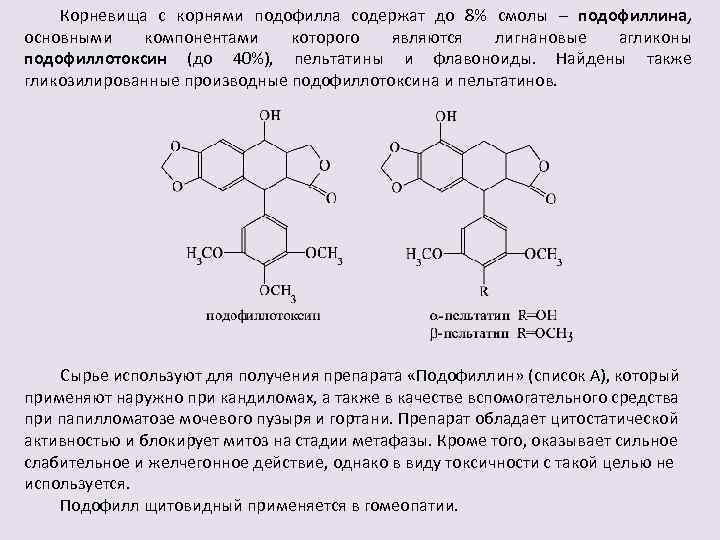 Корневища с корнями подофилла содержат до 8% смолы – подофиллина, основными компонентами которого являются