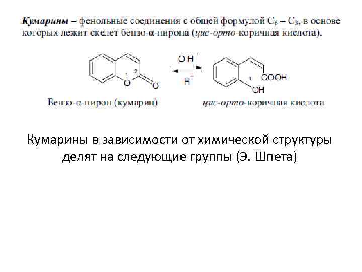 Кумарины в зависимости от химической структуры делят на следующие группы (Э. Шпета) 