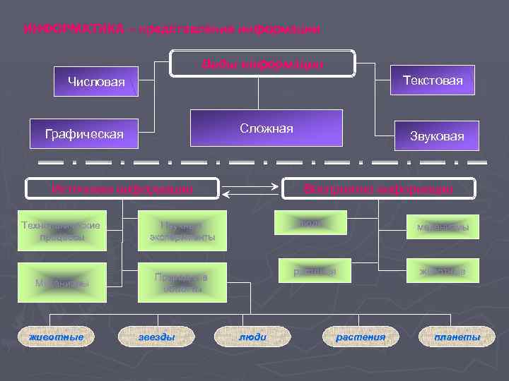 ИНФОРМАТИКА – представление информации Виды информации Текстовая Числовая Сложная Графическая Источники информации Технологические процессы
