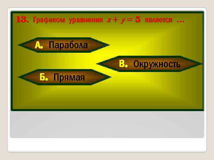 13. Графиком уравнения х + у = 5 является … А. Парабола В. Окружность