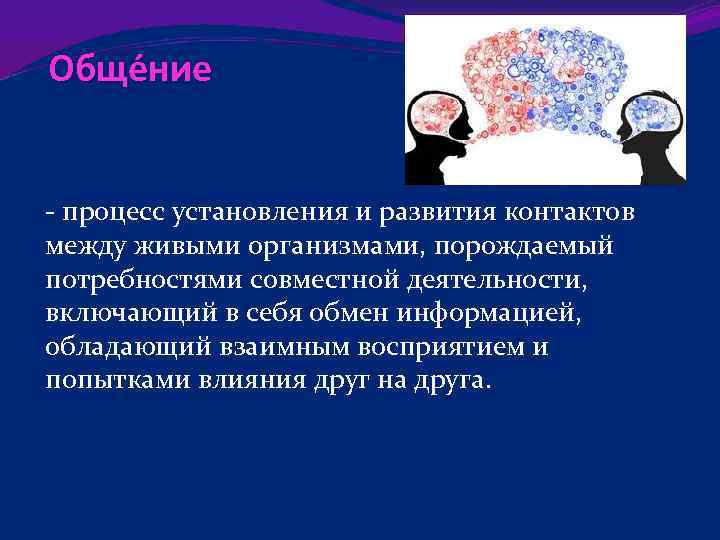 Обще ние - процесс установления и развития контактов между живыми организмами, порождаемый потребностями совместной